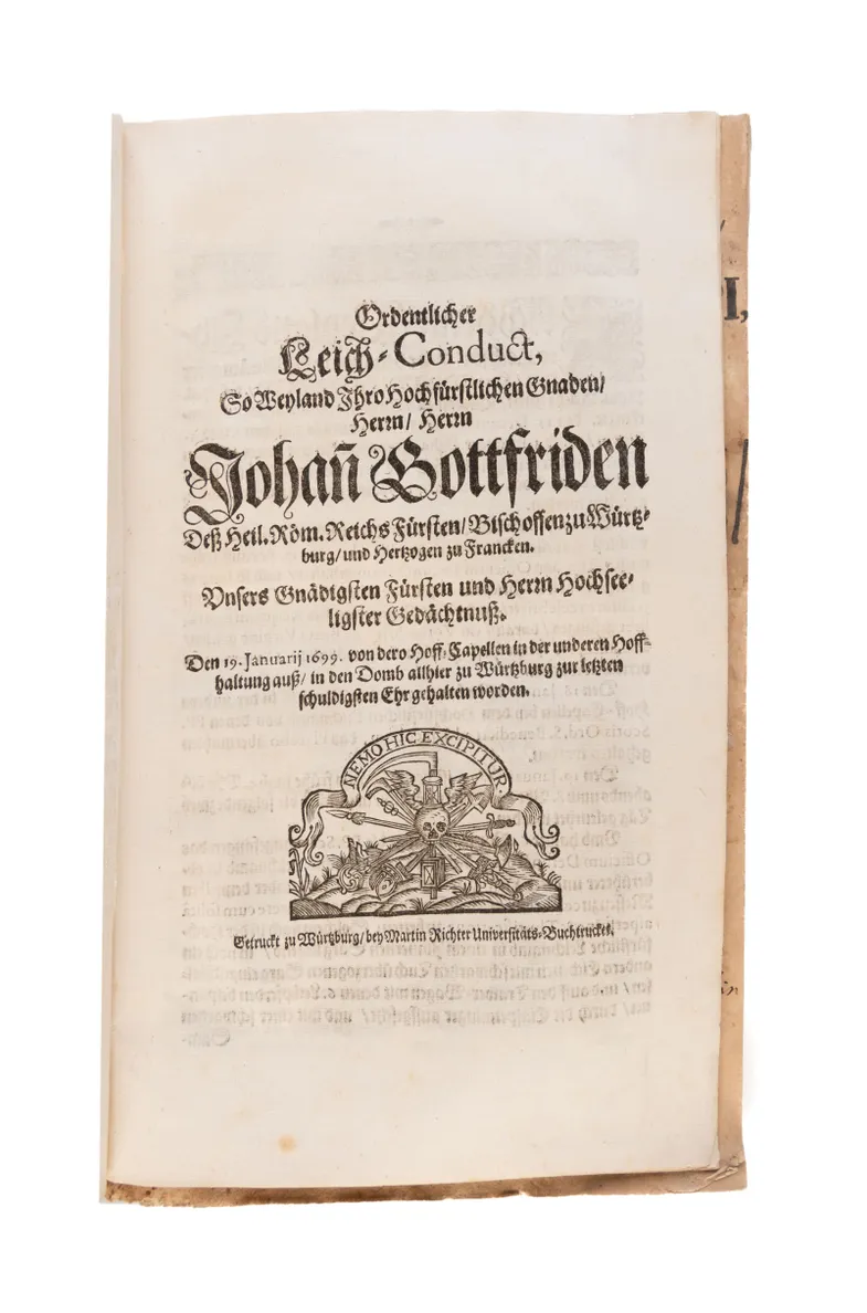 A fine Sammelband of 47 funeral orations, mostly of high ranking members of the clergy in Southern Germany, Emperors and local secular rulers.   
Würzburg etc., from 1694.