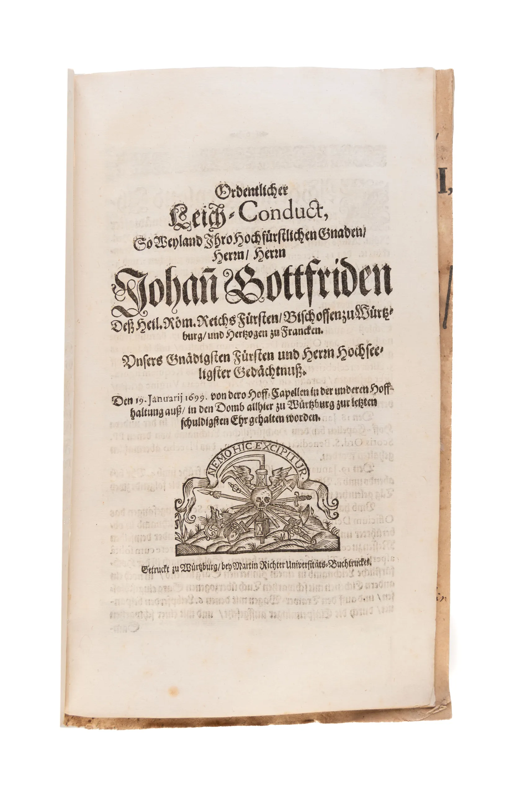 A fine Sammelband of 47 funeral orations, mostly of high ranking members of the clergy in Southern Germany, Emperors and local secular rulers.   
Würzburg etc., from 1694.