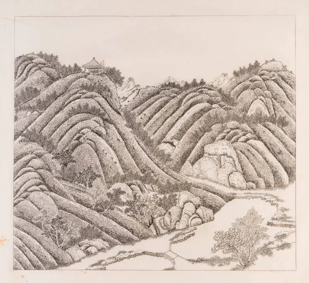 Beizhen shuangfeng (Nestled in the North between a Pair of Peaks) from the Bishu Shanzhuang series.