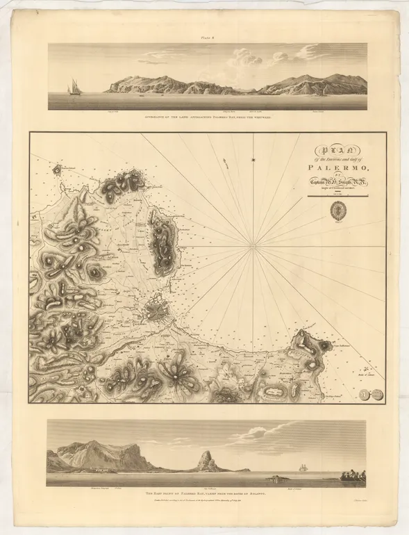 [composite sheet] Appearances of the land approaching Palermo ... // Plan of the Environs and Gulf of Palermo ... // 'The East Point of Palermo Bay, ...