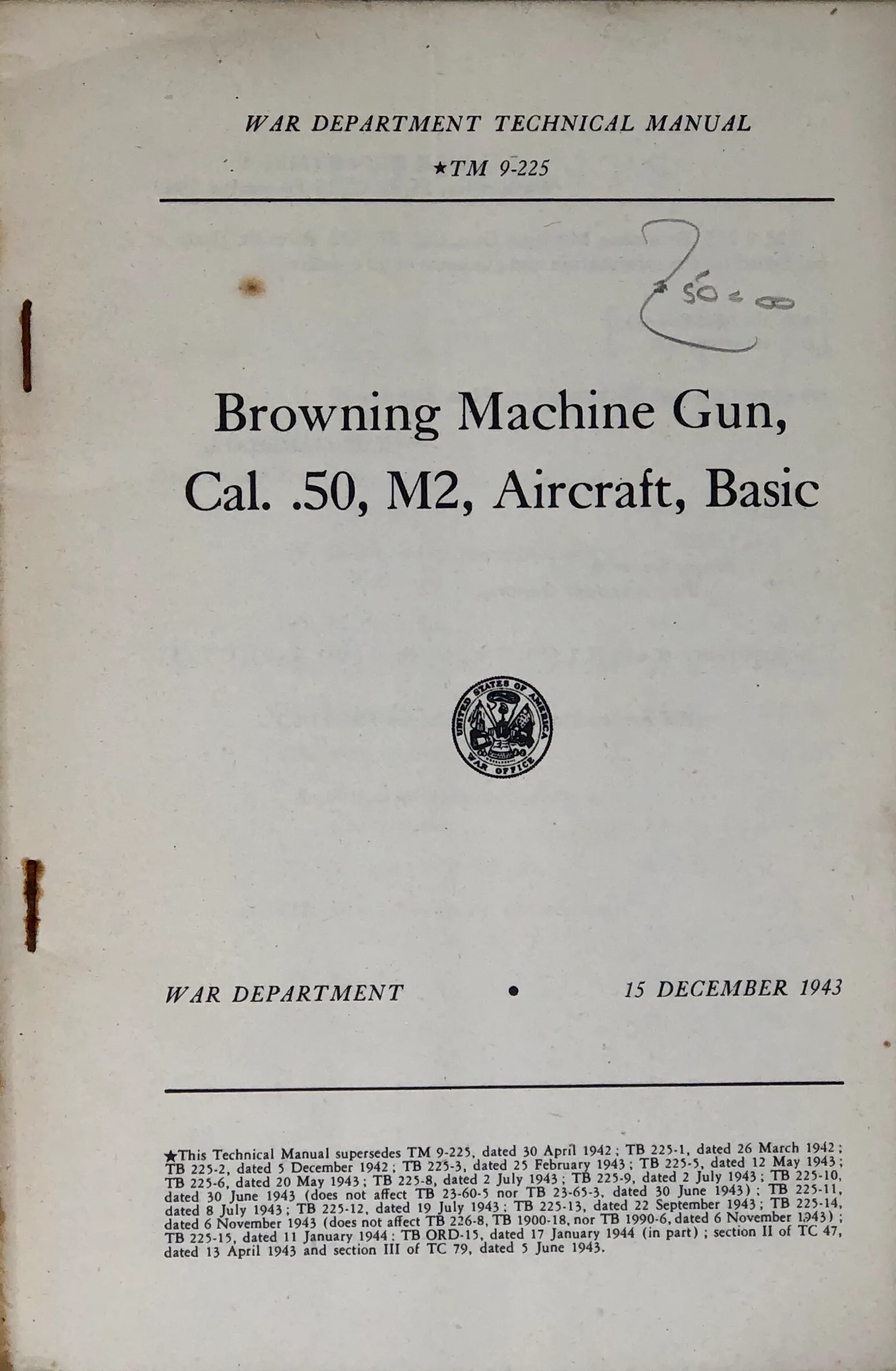 Browning Machine Gun, Cal. .50, M2, Aircraft, Basic.