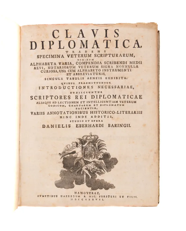 Clavis diplomatica, tradens specimina veterum scripturarum, nimirum alphabeta varia, compendia scribendi medii aevi, notariorum veterum signa nonnulla curiosa, una cum alphabeto instrumenti et abbreviaturis, singula tabulis aeneis exhibita. Hanover, heirs