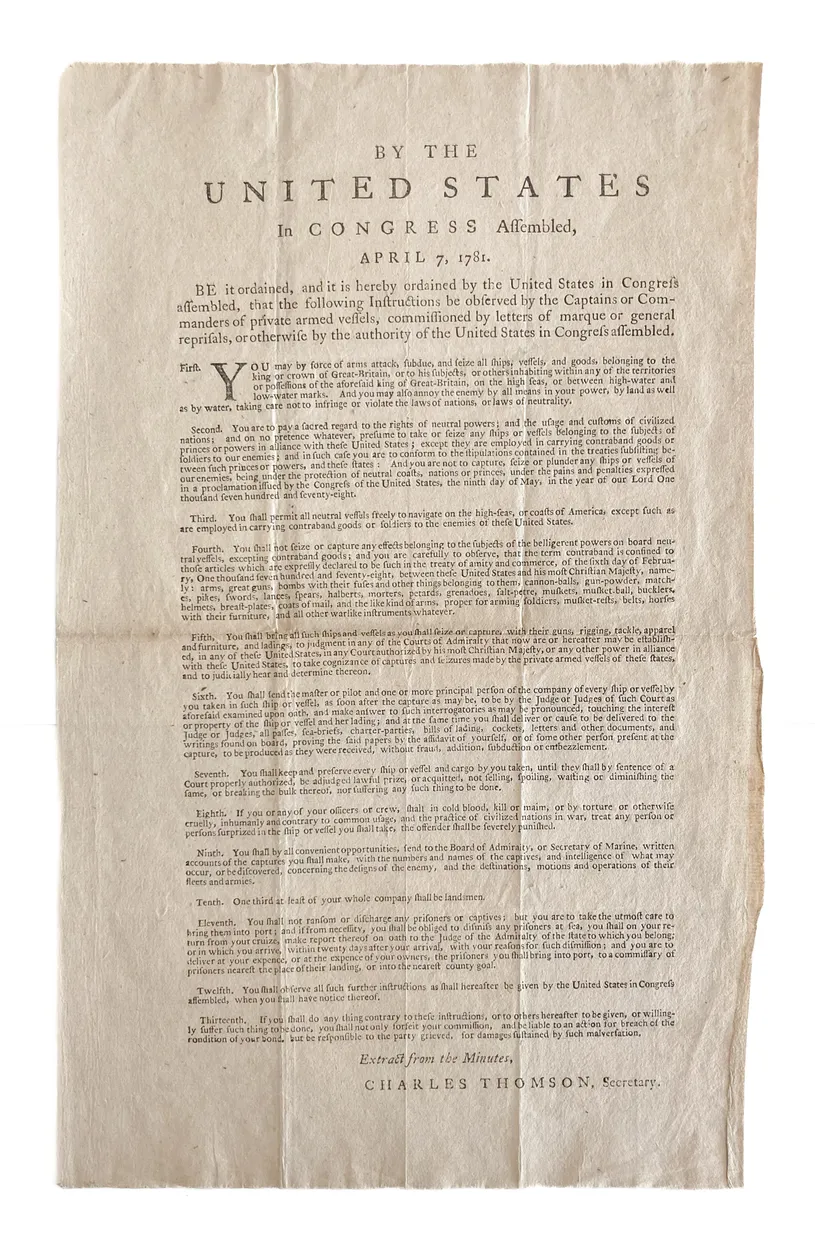April 7, 1781 be it ordained ... the Following Instructions be Observed by the Captains or Commanders of Private Armed Vessels ...