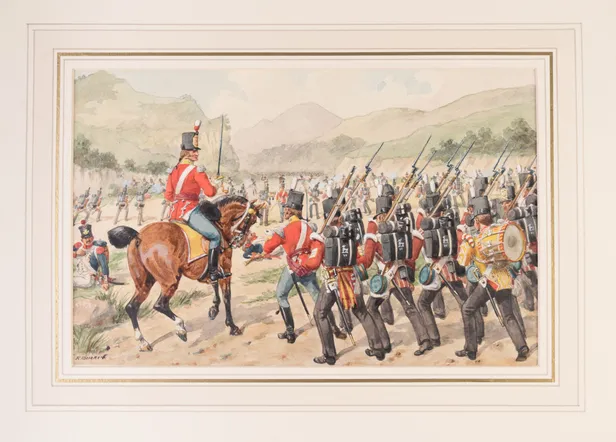 Watercolour.  The 6th Foot attacking the retreating French troops at Roliça 17h August 1808