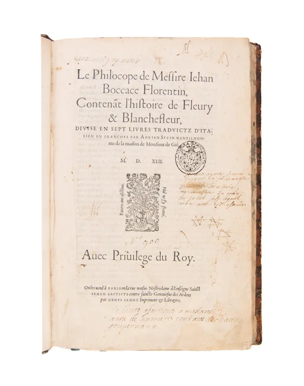 Le Philocope de Messire Jehan Boccace florentin, contena(n)t l’histoire de Fleury et Blanchefleur, divisé en sept livres traduictz d’italien en françoys par Adrian Sevin. 
Paris, D. Janot, 24 FebruarY 1542