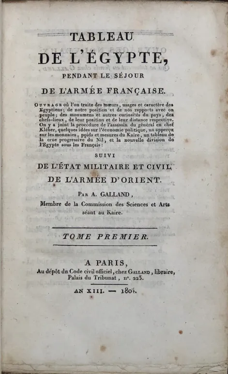 Tableau de l'Égypte, pendant le séjour de l'Armée Française. (...) Suivi de l'état militaire et civil de l'Armée d'Orient.