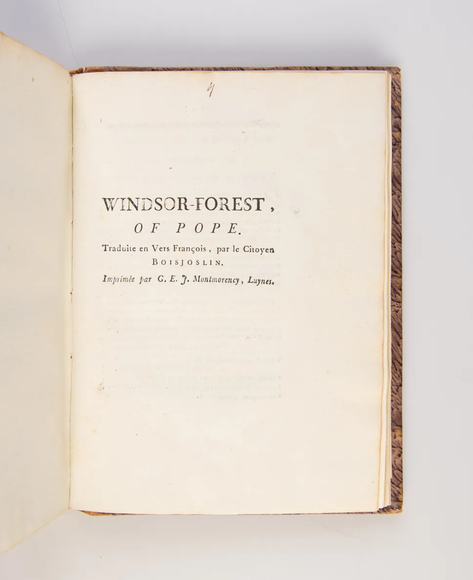 Bound volume of five works printed by Guyonne-Elisabeth-Josephe de Montmorency-Laval, Duchesse de Luynes on her private press, including a rare translation of Thomas Gray's Elegy in a Country Church-Yard and Alexander Pope's Windsor Forest.