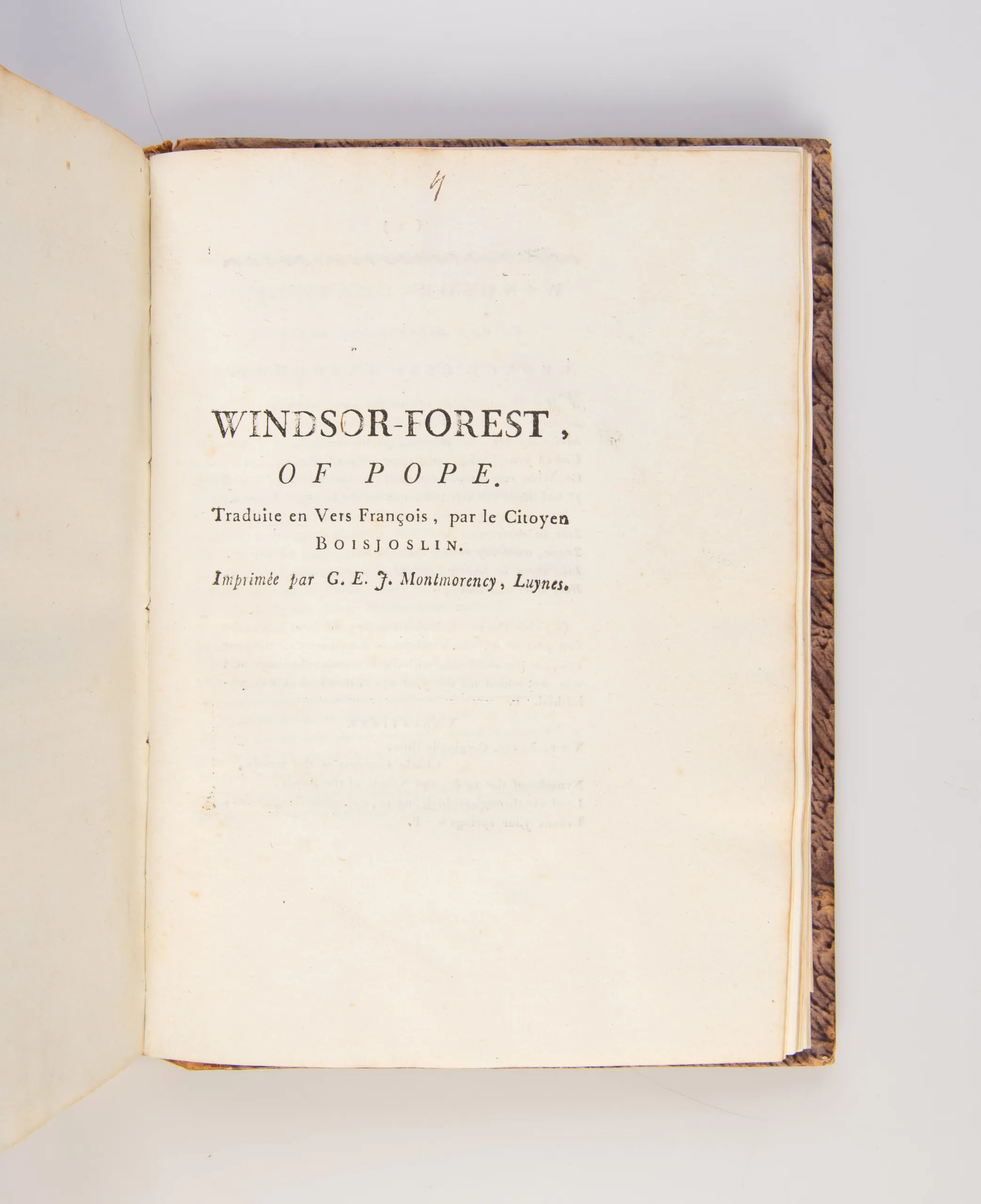 Bound volume of five works printed by Guyonne-Elisabeth-Josephe de Montmorency-Laval, Duchesse de Luynes on her private press, including a rare translation of Thomas Gray's Elegy in a Country Church-Yard and Alexander Pope's Windsor Forest.