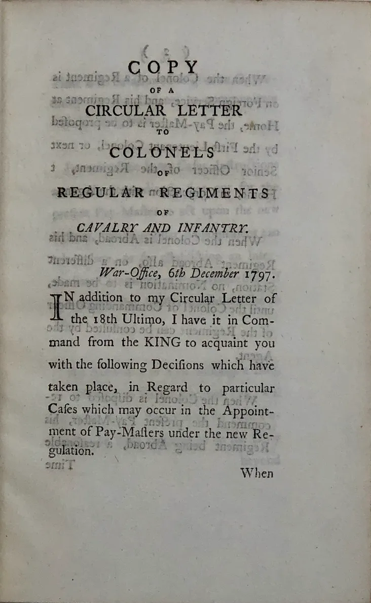 Copy of a Circular Letter to Colonels of Regular Regiments of Cavalry and Infantry.