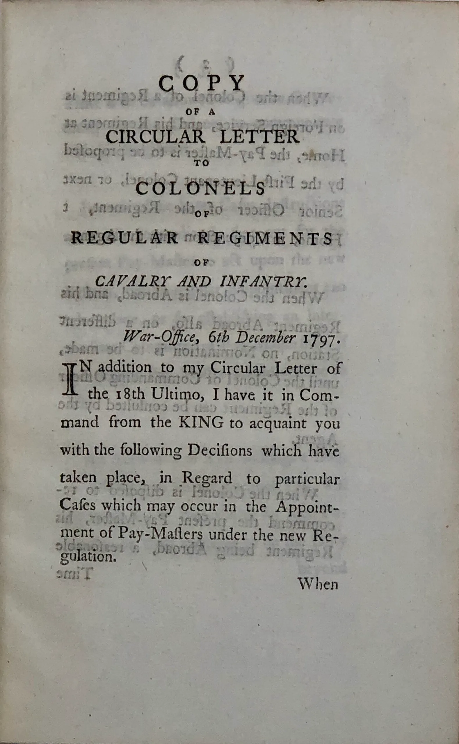 Copy of a Circular Letter to Colonels of Regular Regiments of Cavalry and Infantry.