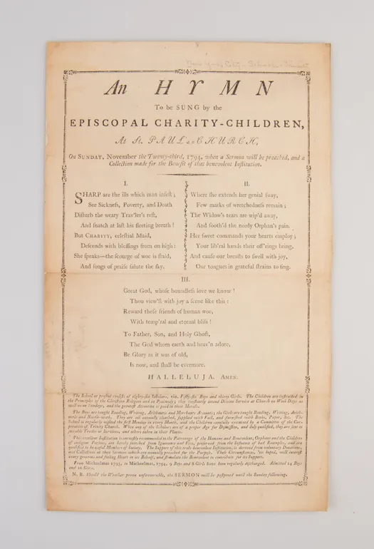 An hymn to be sung by the Episcopal charity-children, at St. Paul's-Church [New York], on Sunday, November the twenty-third, 1794,