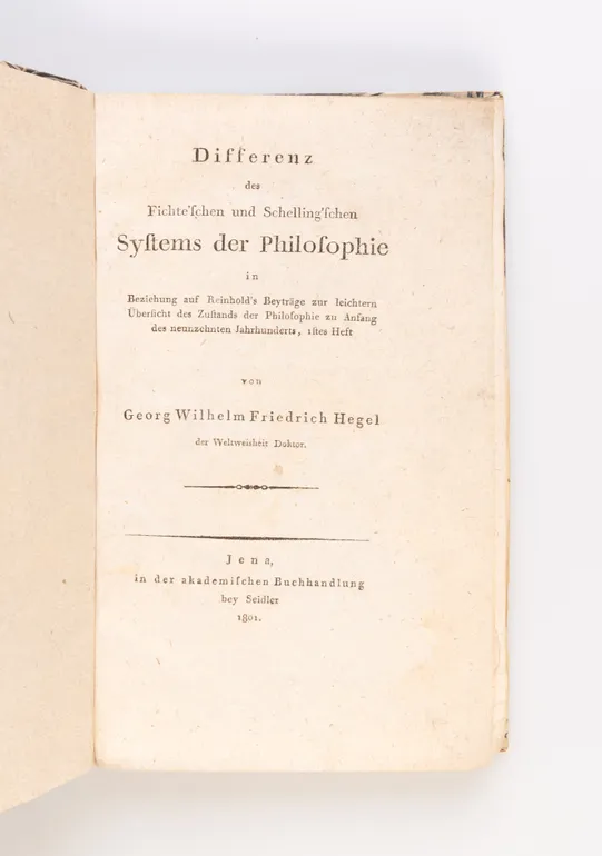 Differenz des Fichte'schen und Schelling'schen Systems der Philosophie in Beziehung auf Reinhold's Beyträge zur leichtern Übersicht des Zustands der Philosophie zu Anfang des neunzehnten Jahrhunderts, 1stes Heft.