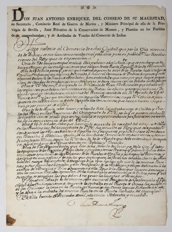 Don Juan Antonio Enriquez, del Consejo de su Magestad, su Secretario, Comisario Real de Guerra de Marina, y Ministro Principal de ella de la Provincia de Sevilla, Juez Privativo de la Conservacion de Montes, y Plantíos en los Pueblos de su comprehension, 