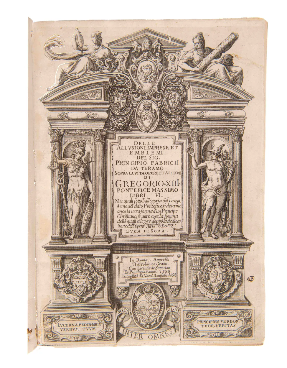 Delle allusioni, imprese, et emblemi sopra la vita, opere, et attioni di Gregorio. XIII. pontefice massimo libri vi.
Rome, Bartolomeo Grassi, 1588