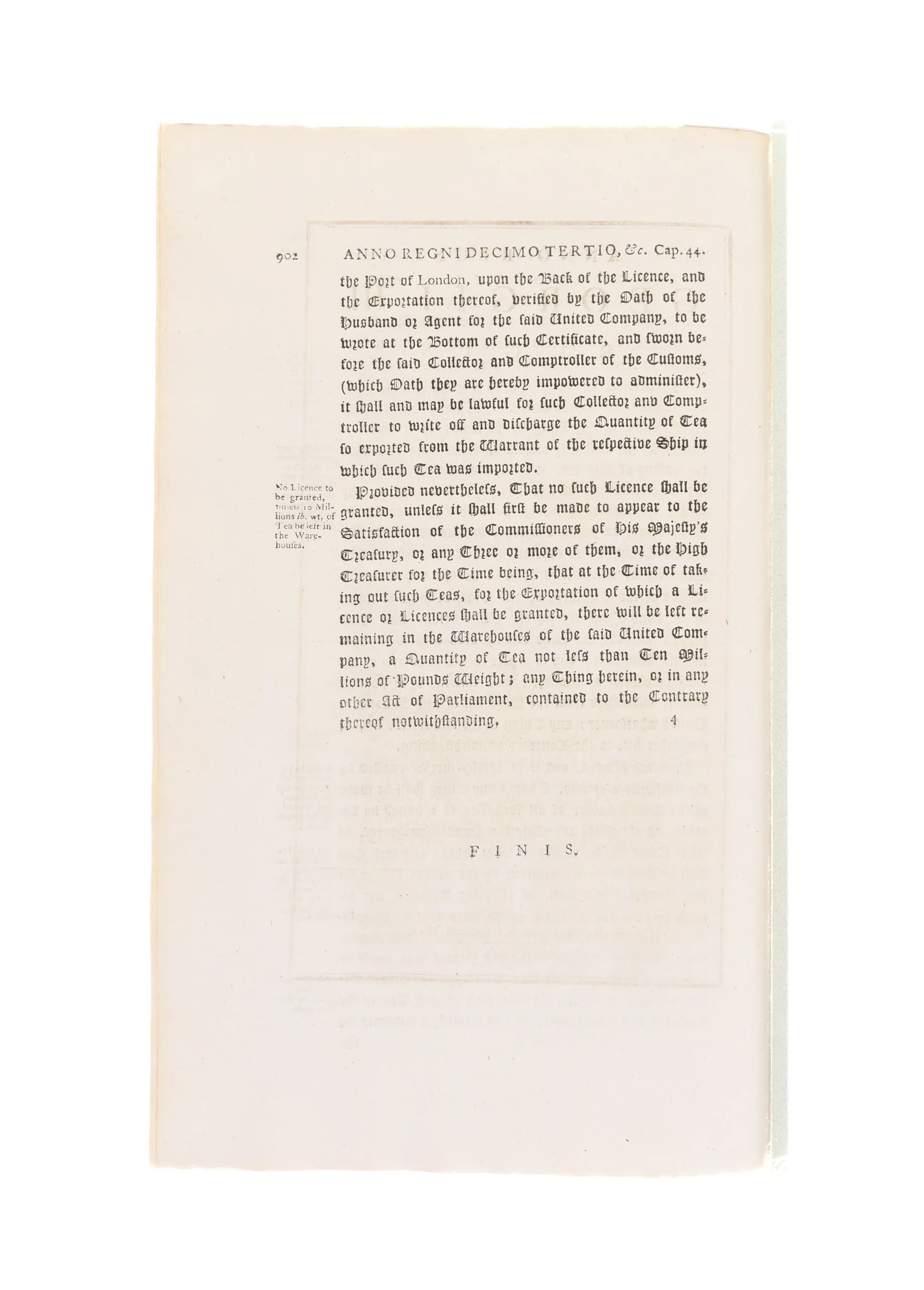 An Act to allow a Drawback of the duties of Customs on the Exportation of Tea to any of his Majesty's Colonies or Plantations in America;