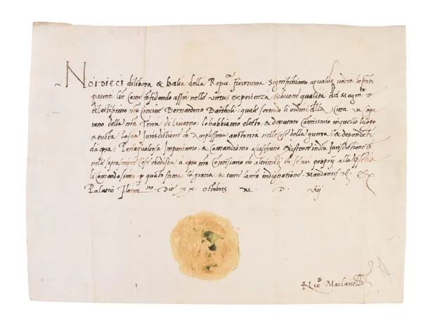 Manuscript document appointing Bernardino da Bartoli captain of the territory of Livorno, in the name of the Ten of Florence, with signature Nics. Maclavello. 
Florence: 20 October, 1508.