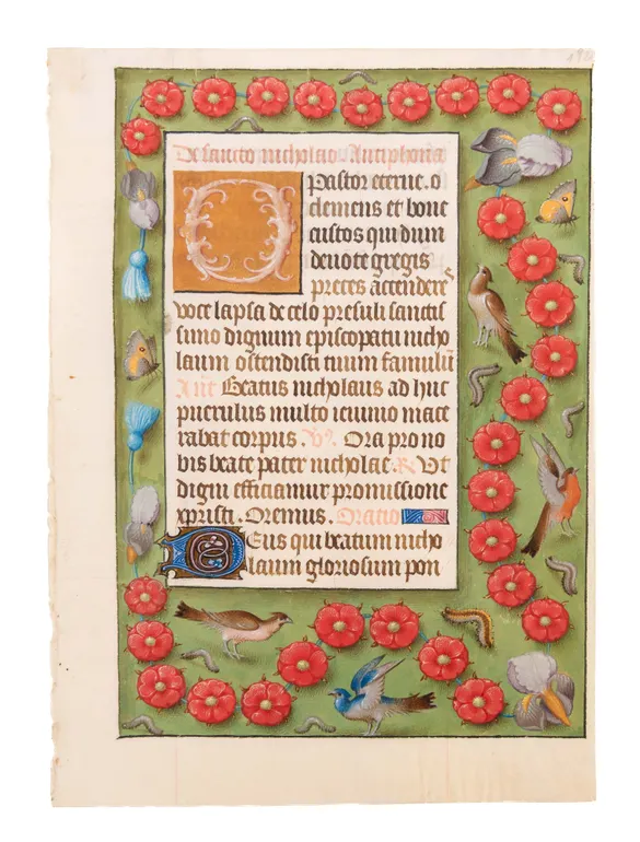 Leaf with scatter borders from a Book of hours, Use of Rome, illuminated MS on vellum.
