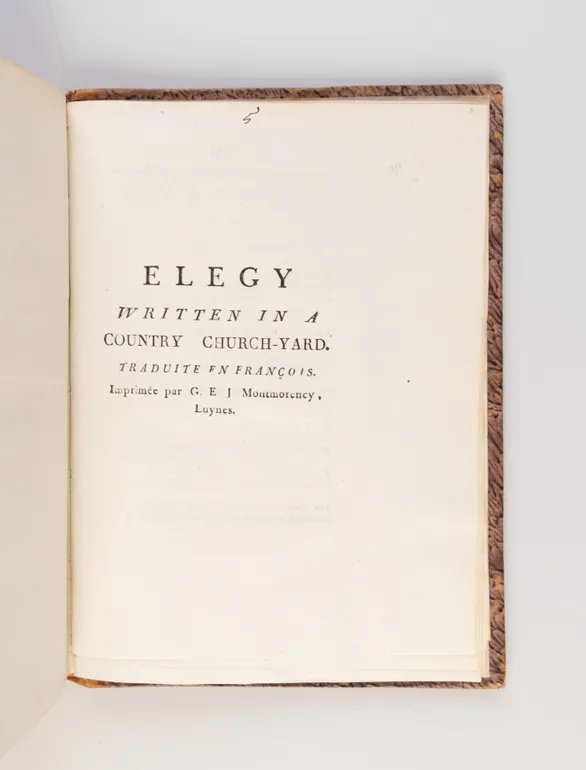 Bound volume of five works printed by Guyonne-Elisabeth-Josephe de Montmorency-Laval, Duchesse de Luynes on her private press, including a rare translation of Thomas Gray's Elegy in a Country Church-Yard and Alexander Pope's Windsor Forest.