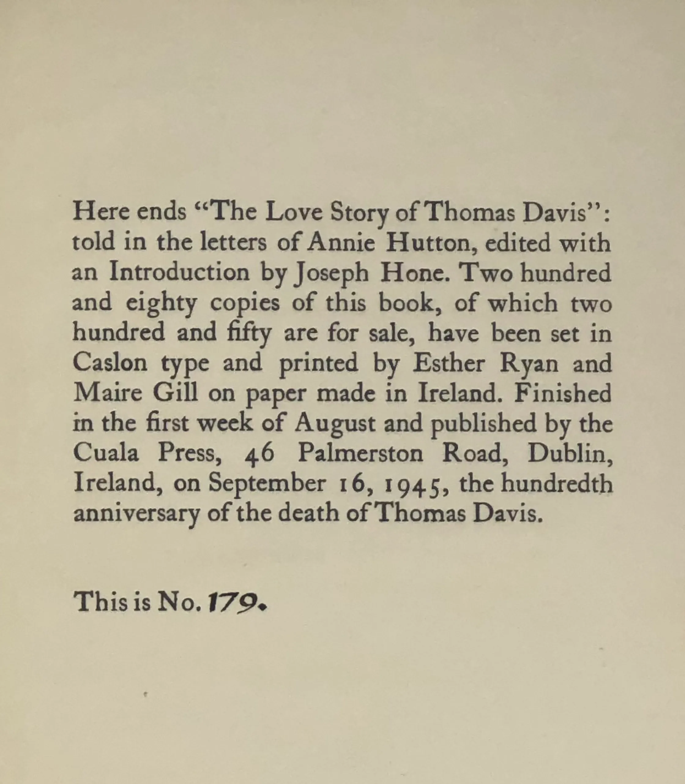 The Love Story of Thomas Davis Told in the Letters of Annie Hutton. Edited with an Introduction by Joseph Hone.