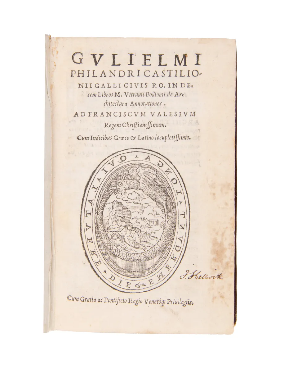 In decem libros M. Vitruvii Pollionis de architectura annotationes… Cum indicibus Graeco et Latino locupletissimis.   
 
(Rome, [printed by Antonio Blado for] Apud Io. Andream Dossena, 1544).