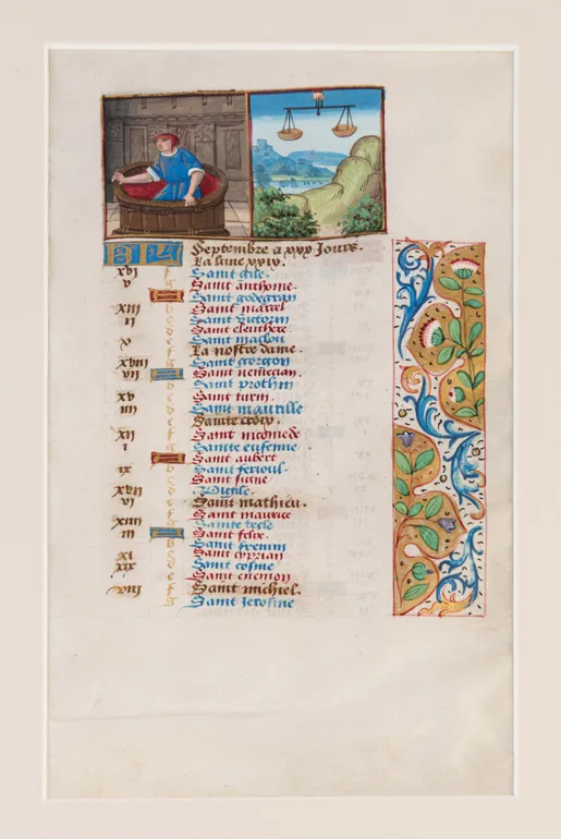Illuminated leaf on vellum for September/October from a Book of Hours. Central France (Bourges or Tours ?), c.