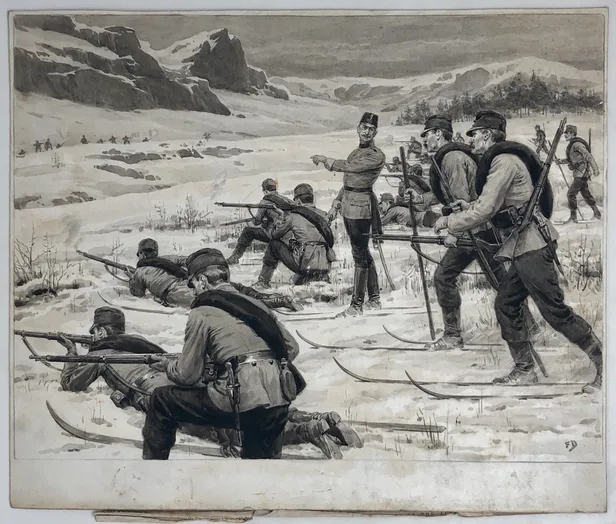 Austrian Troops practising on Snow-Shoes in the Alps.