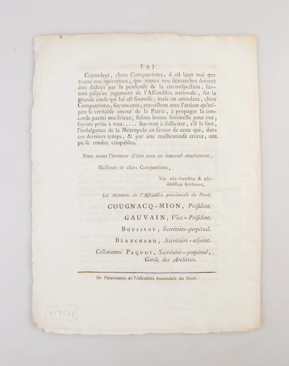 Lettre De Messieurs les Membres de l'Assemblée provinciale du Sud à MM. les Membres de celle du Nord.