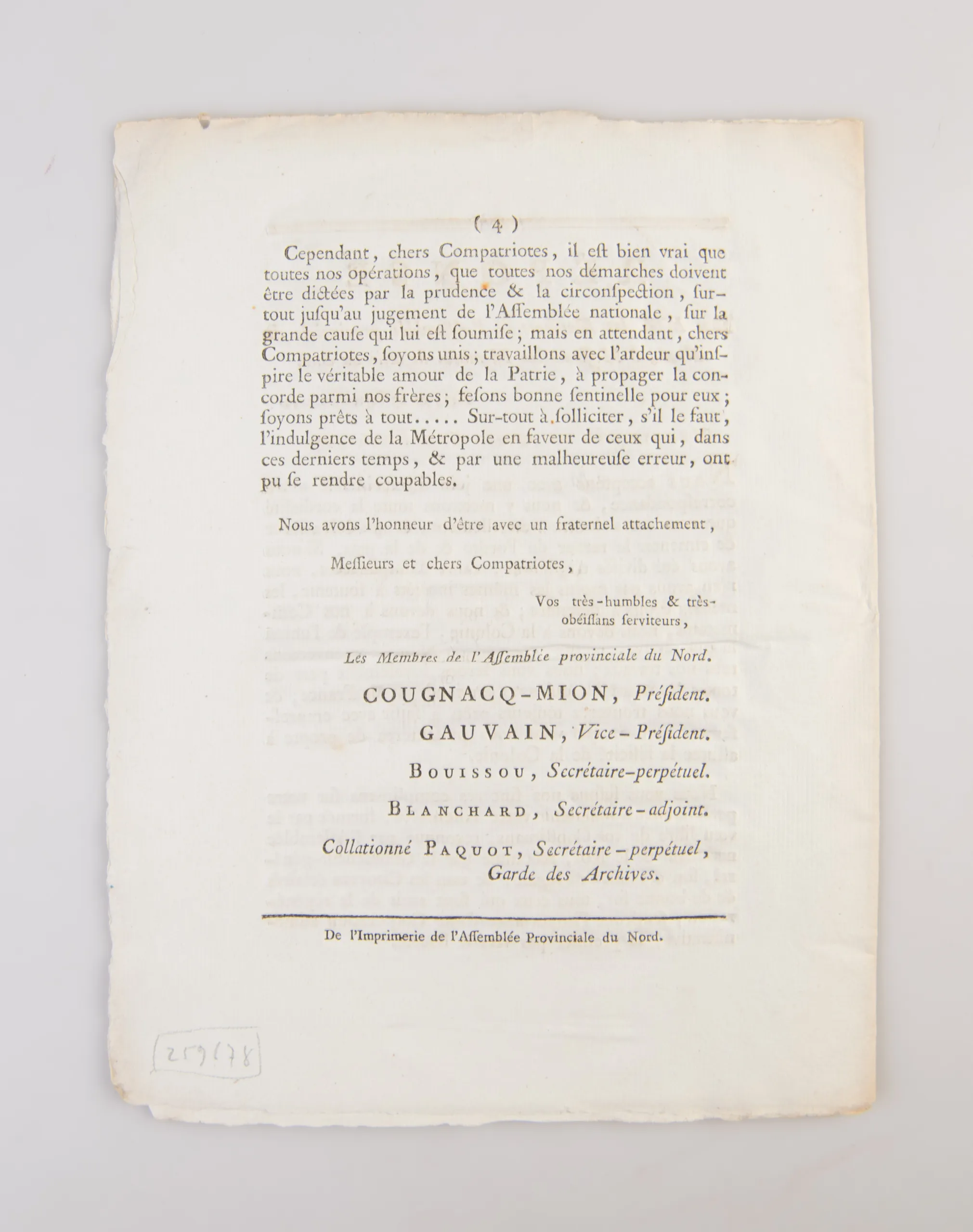 Lettre De Messieurs les Membres de l'Assemblée provinciale du Sud à MM. les Membres de celle du Nord.