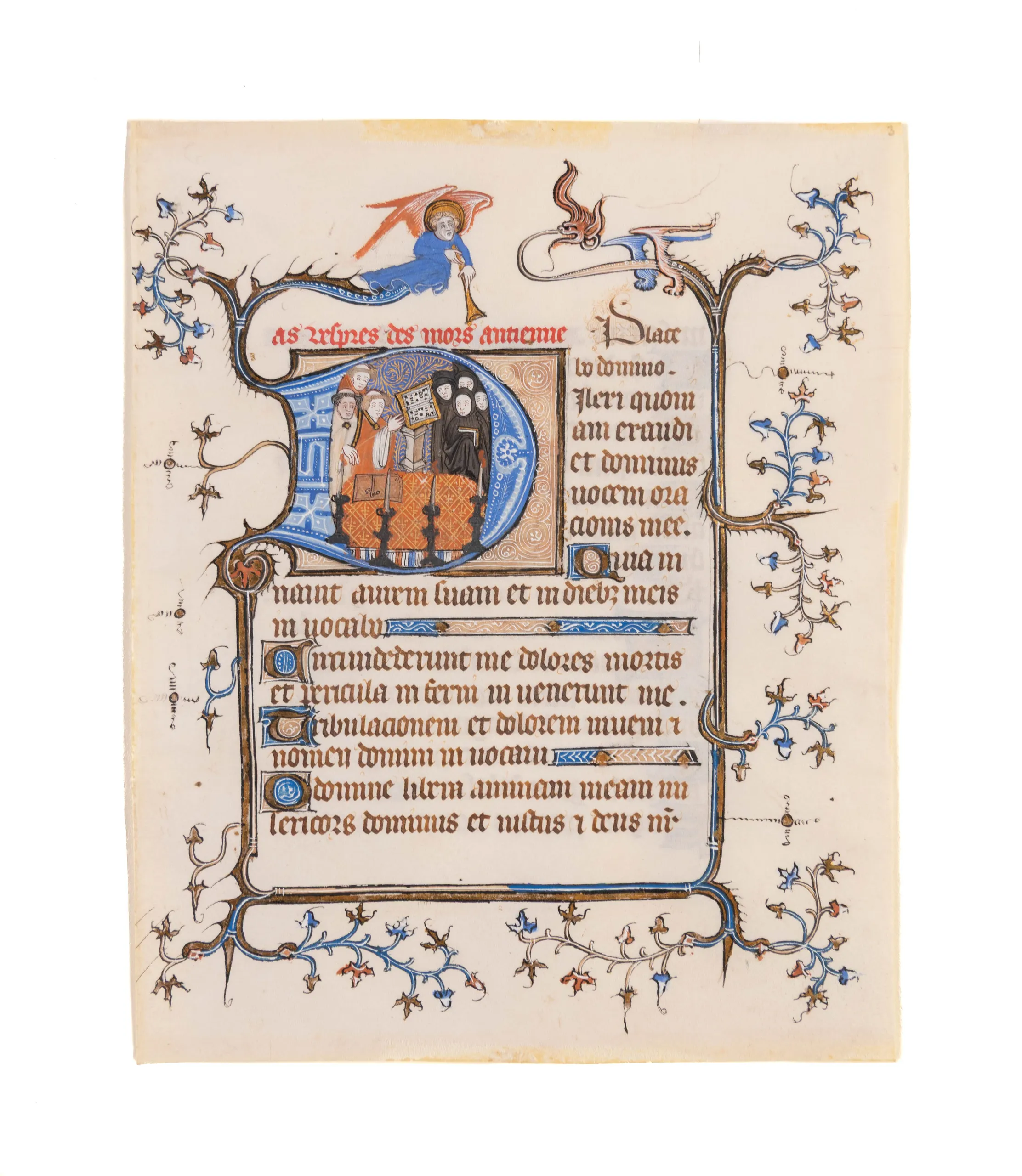 A Funeral Service, leaf from an early Book of Hours, in Latin and French, with historiated initial. Illuminated manuscript on vellum [Northern France, 14th century (c. 1370s)]