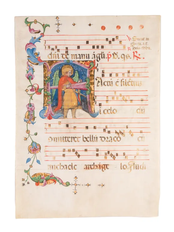 St Michael the Archangel, in a large historiated initial on a leaf from a very large Antiphonary, in Latin, illuminated manuscript on vellum 
[Italy (Bologna or Ferrara?), mid 15th century]