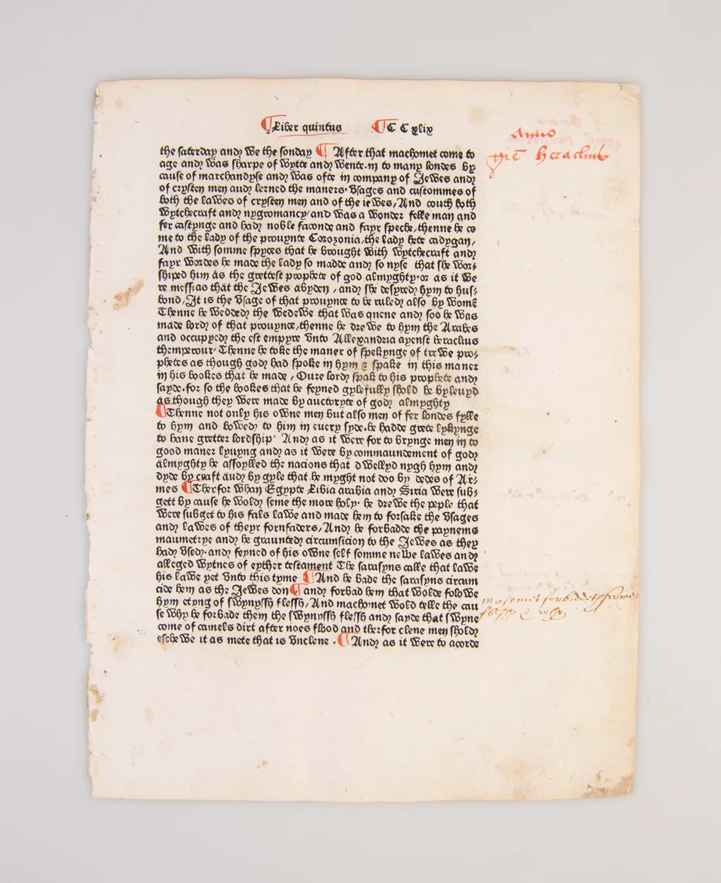 [Leaf from the Polychronicon mentioning Muhammad.]