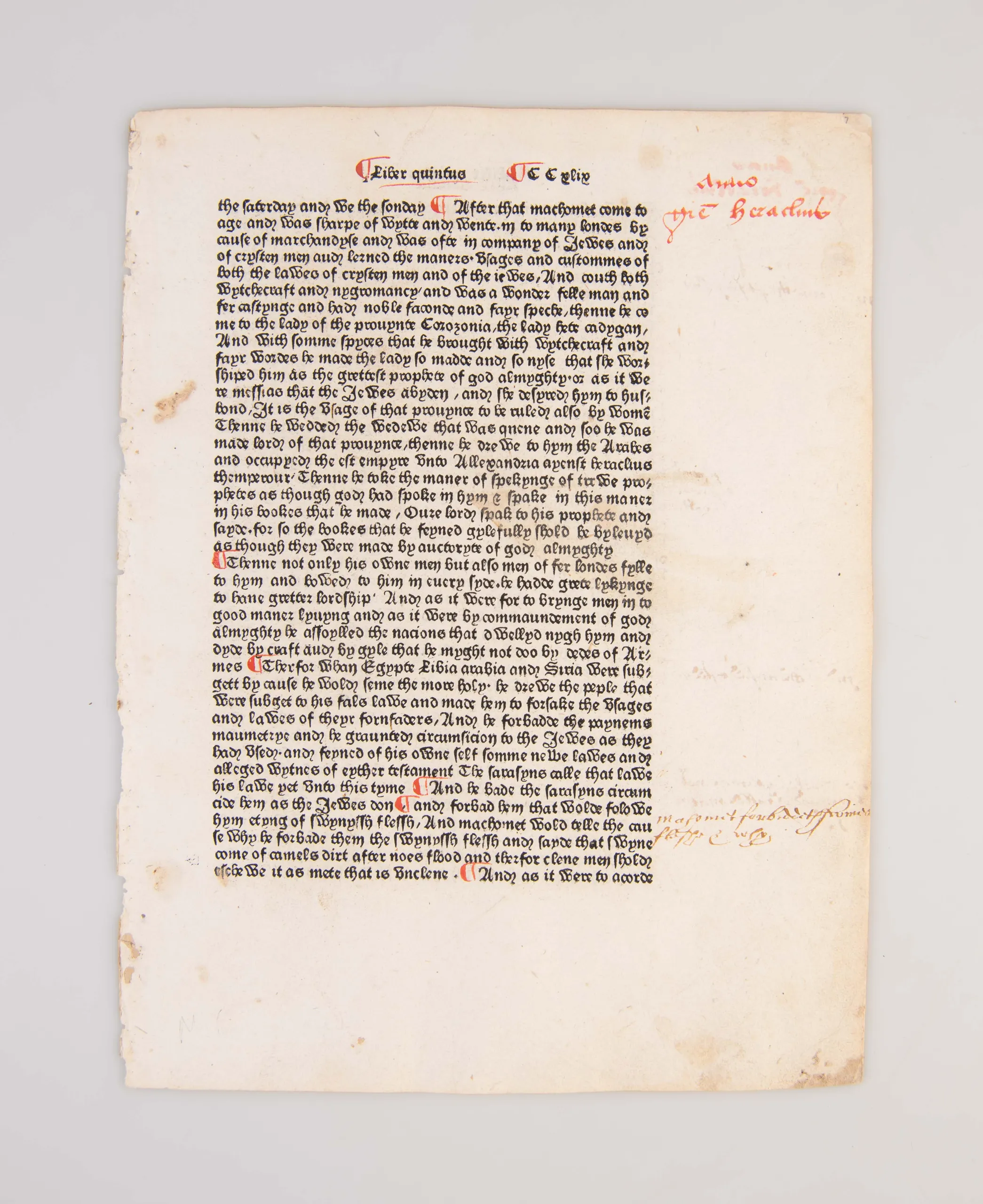 [Leaf from the Polychronicon mentioning Muhammad.]