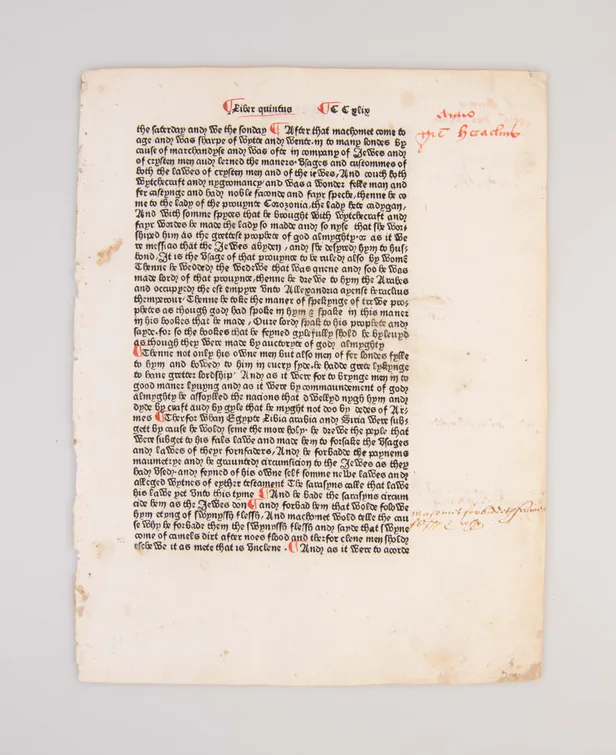 [Leaf from the Polychronicon mentioning Muhammad.]