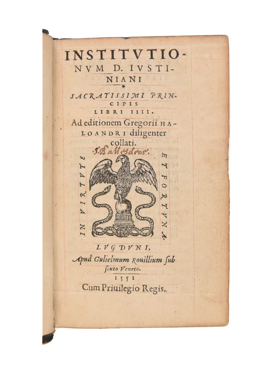 Institutionum D. Iustiniani sacratissimi principis libri IIII (bound with:) Index rerum et verborum.