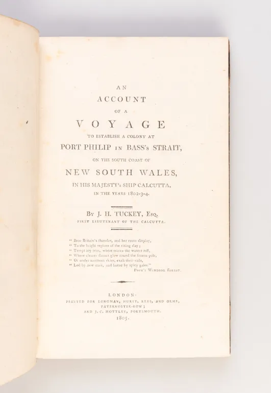 An Account of a Voyage to Establish a Colony at Port Philip in Bass's Strait, on the South Coast of New South Wales, in His Majesty's Ship Calcutta ...