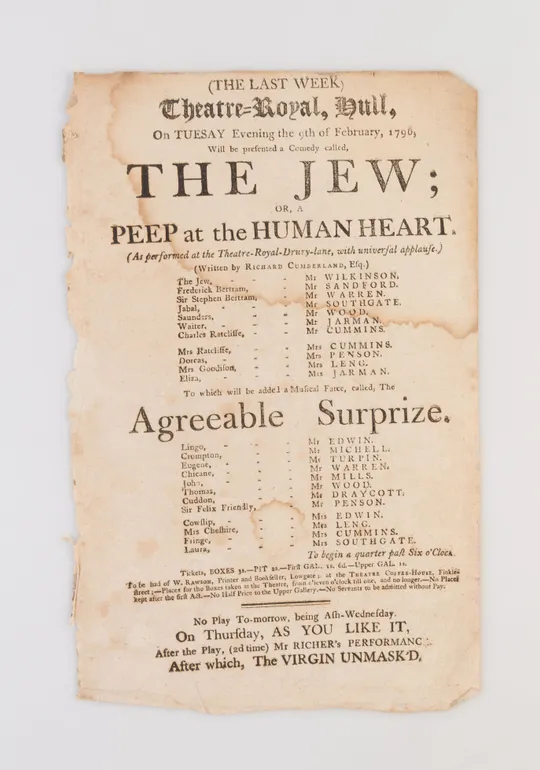 A collection of 18 18th-century theatrical playbills for various performances at the Theatre Royal, Hull.