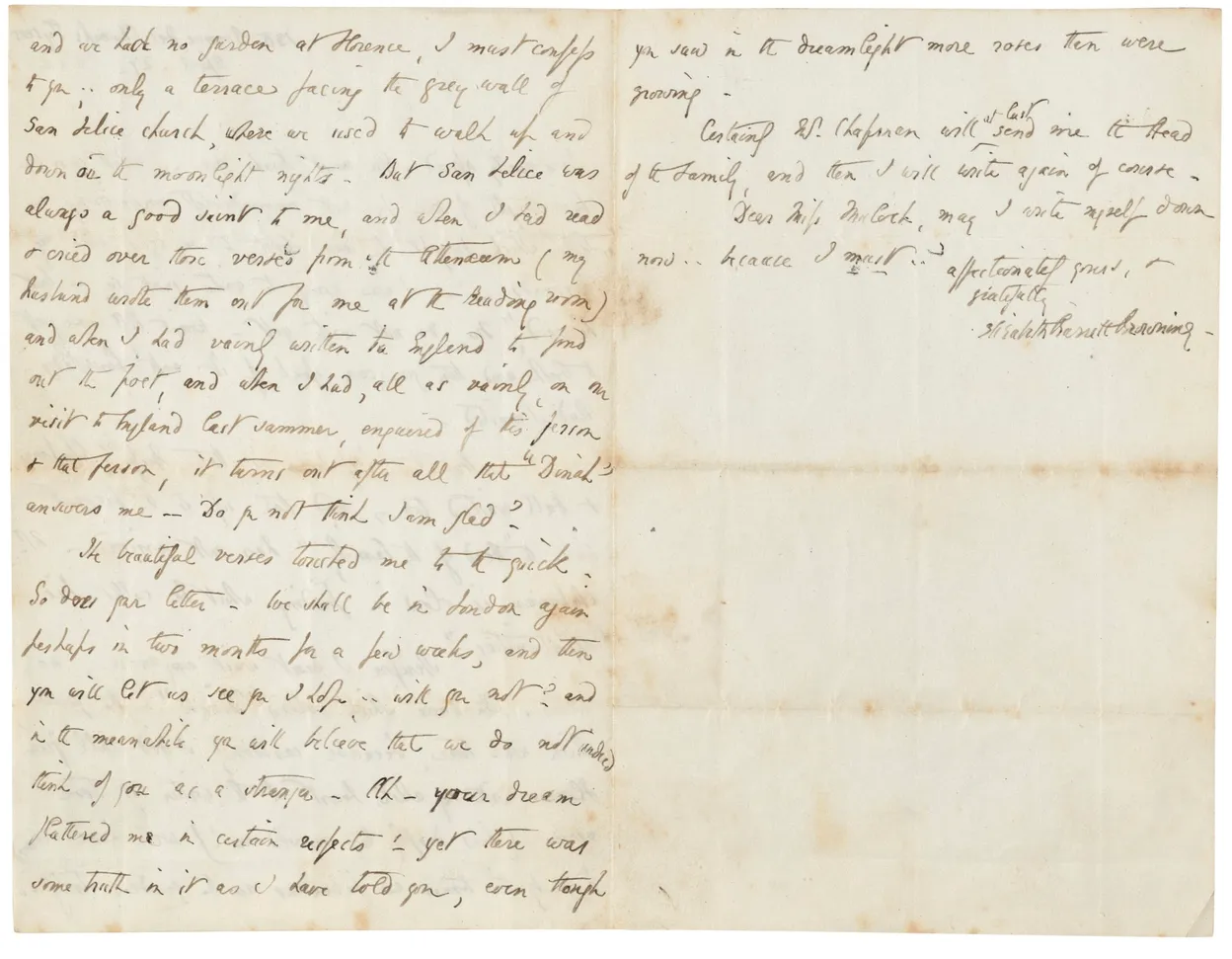 Six autograph letters signed (“Elizabeth Barrett Browning’) to [Dinah] Mulock (later Craik).
