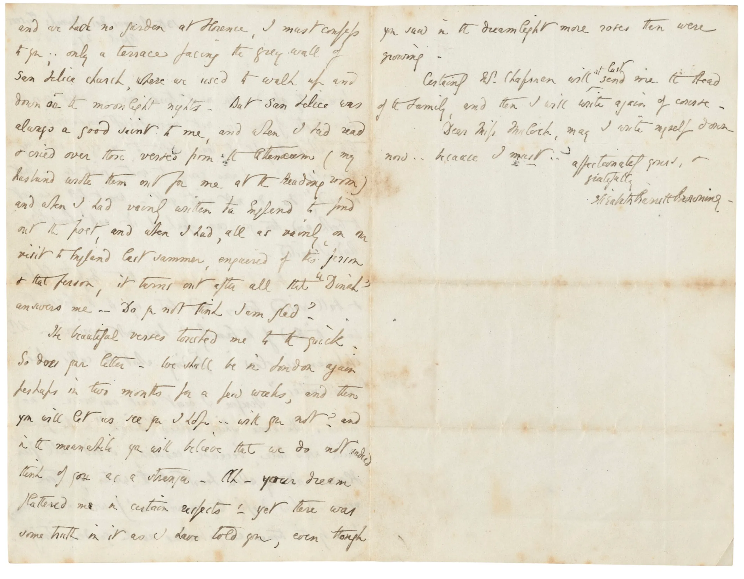 Six autograph letters signed (“Elizabeth Barrett Browning’) to [Dinah] Mulock (later Craik).