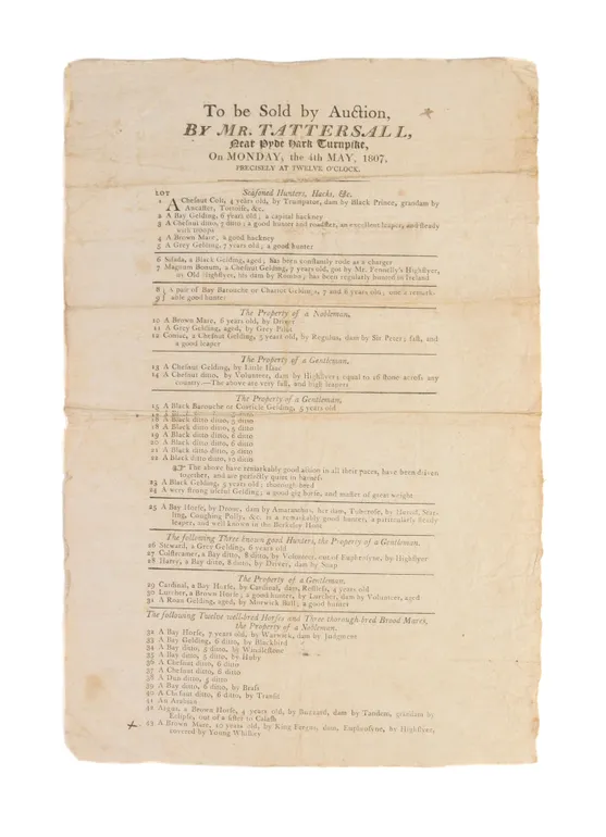 To be sold by auction, by Mr. Tattersall, near Hyde Park Turnpike, on Monday, the 4th May, 1807.