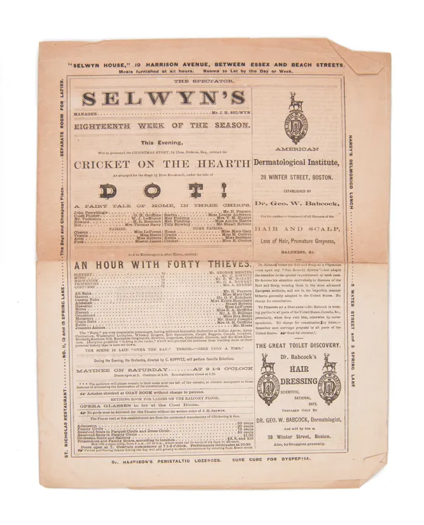 Selwyn's Theatre advertisement for a performance of Cricket on the Hearth. As arranged for the Stage by Dion Boucicault, under the title of Dot! A Fairy Tale of Home, In Three Chirps.