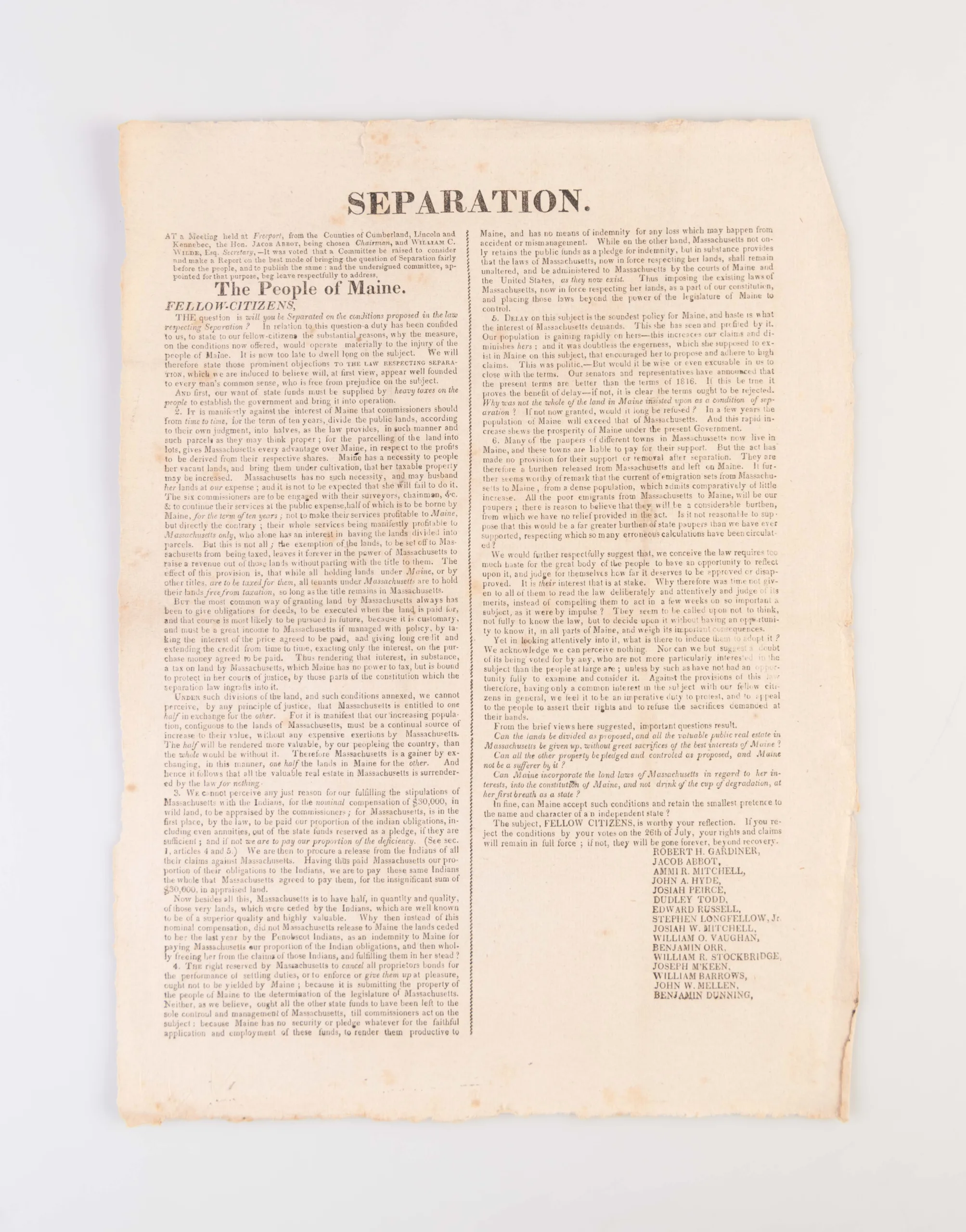 Separation. To the People of Maine. Fellow Citizens ...