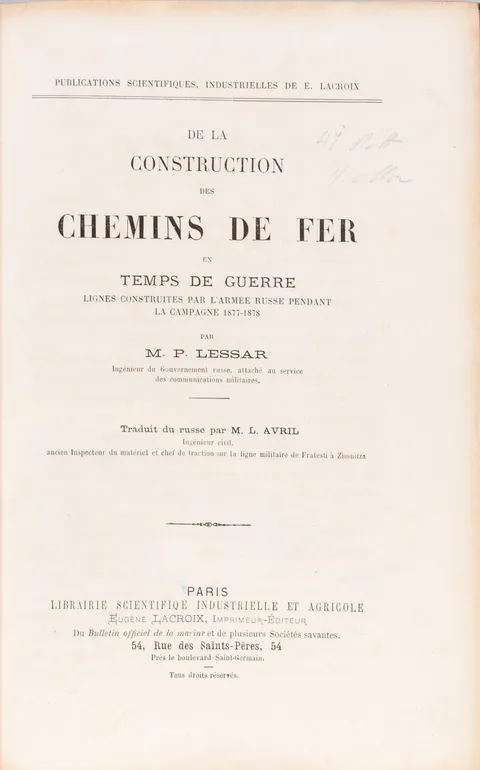 De La Construction des Chemins der Fer en Temps de Guerre Lignes construites par l'armée Russe pendant la campagne 1877-78