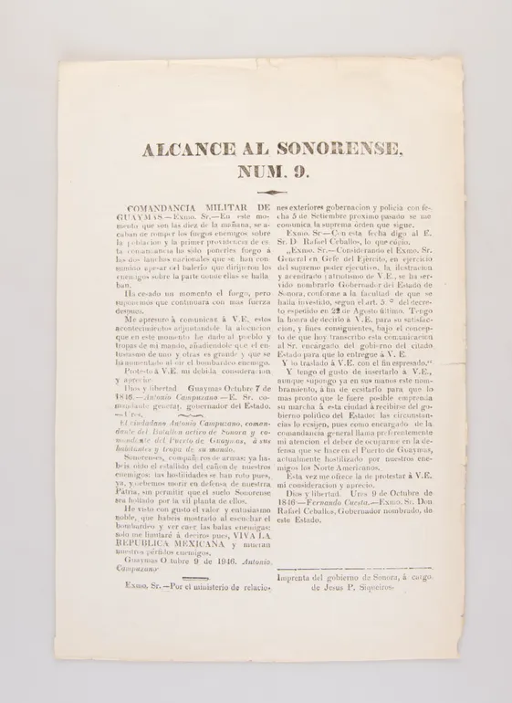 ALCANCE AL SONORENSE, NUM. 9.