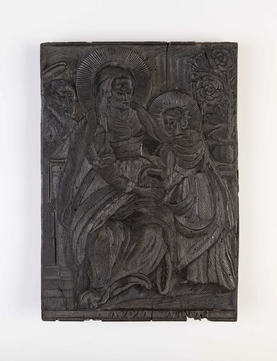 Original woodblock for devotional print of Saint Anna teaching her daughter Mary to read.
