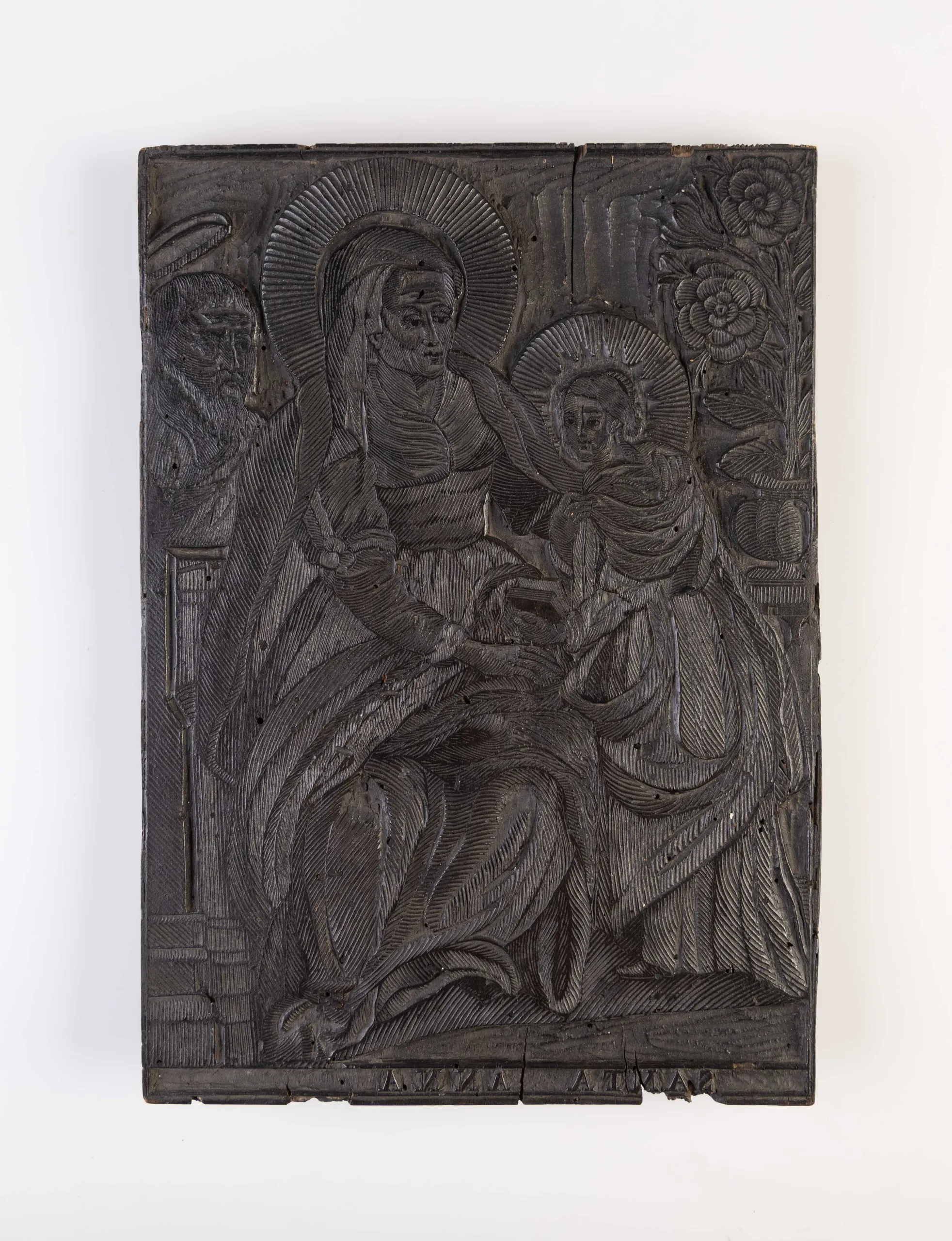 Original woodblock for devotional print of Saint Anna teaching her daughter Mary to read.