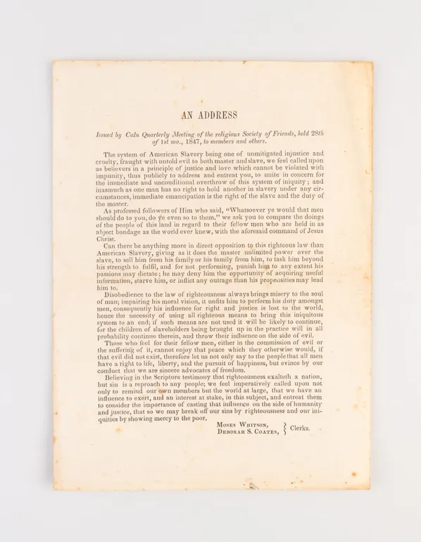 An Address: Issued by Caln Quarterly Meeting of the Religious Society of Friends, held 28th of 1st mo., 1847, to members and others.