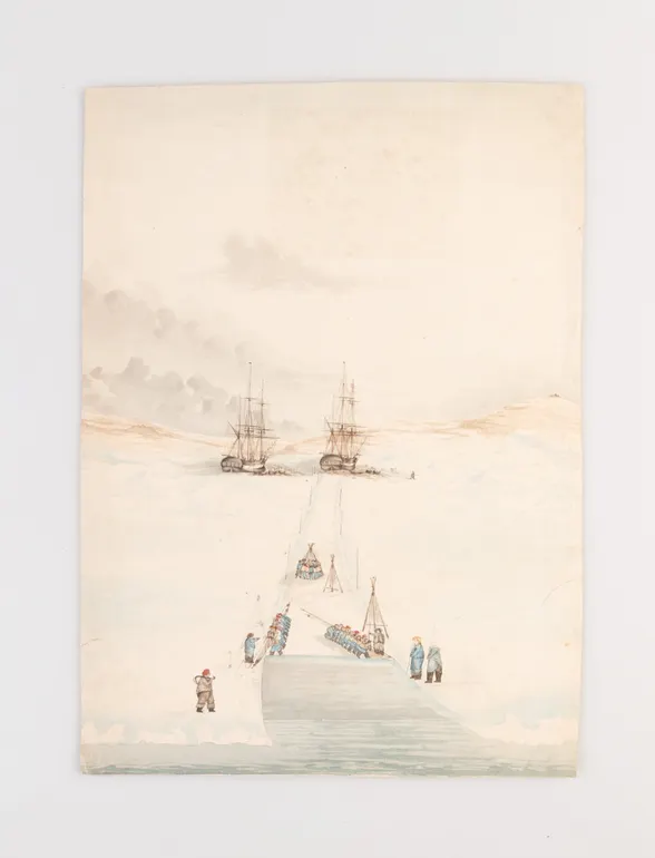 [Watercolour sketch of members of Sir William Edward Parry's 1821 Northwest Passage Expedition cutting an ice channel to HMS Hecla and HMS Fury.]