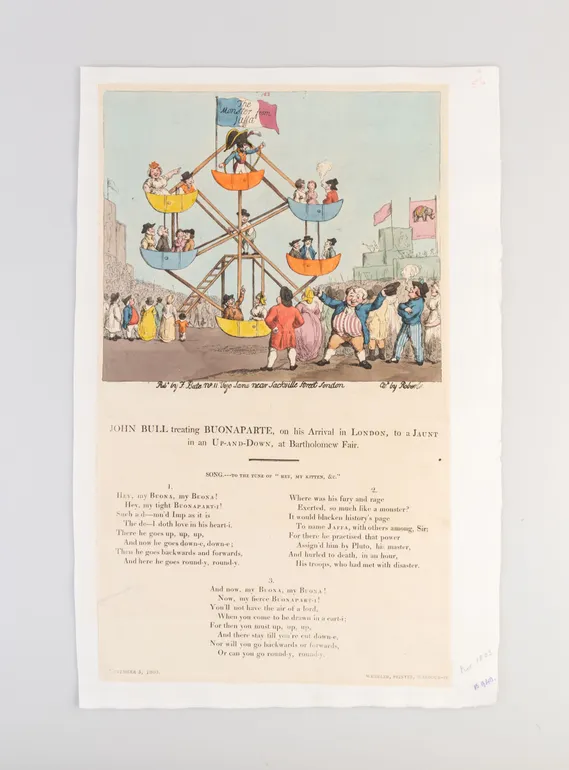 John Bull treating Buonaparte, on his Arrival in London, to a Jaunt in an Up-and-Down, at Bartholomew Fair.