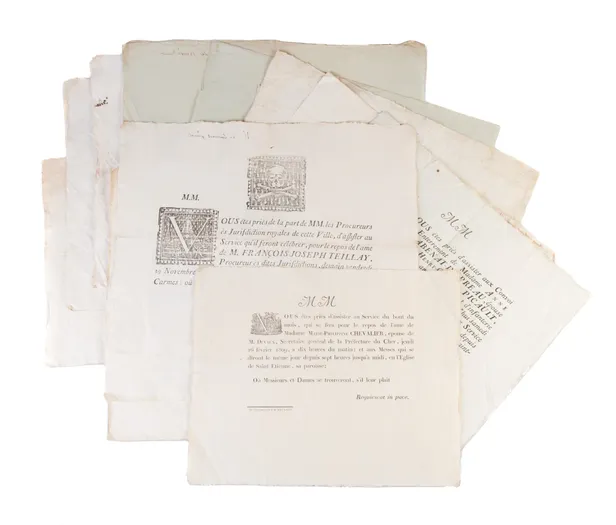 Collection of twelve placards mortuaires (death notices).