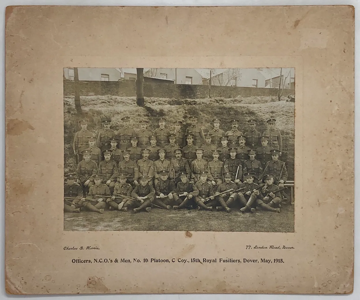 Photographic Group Portrait Officer's, N.C.O.'s & Men, No. 10 Platoon, C. Coy., 15th Royal Fusiliers, Dover, May, 1915.